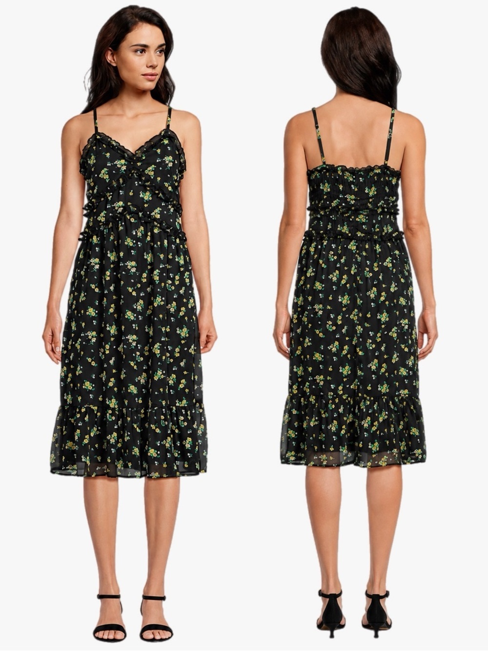 No Boundaries Juniors Size Large 11-13 Black Floral Ruffle Midi Dress Y2K